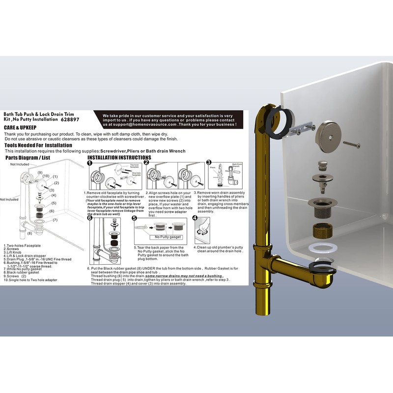Artiwell Push & Lock Tub Trim Set with Single-Hole Overflow