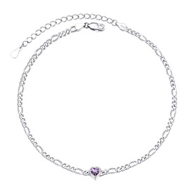 PROSILVER Women's 925 Silver Birthstone Anklet Figaro Chain Anklet with Heart Cubic Zirconia Birthday Ankle Bracelet Summer Beach Pool Party Jewellery, Sterling Silver