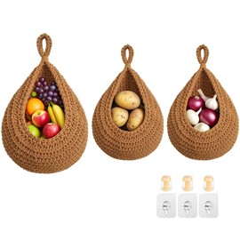 Hanging Fruit Baskets for Kitchen, 3 Pack Boho Cotton Rope Handwoven Vegetable Storage Wall Mounted Large Organizing Basket for Farmhouse Decor, Onion, Potato, Garlic and Plants (Caramel)
