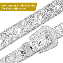 macoking Rhinestone Diamond Belt Silver Grommet Belt Bling Belts for Women Jeans Pants L
