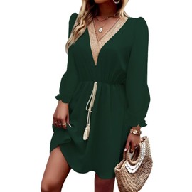 Dokotoo Green Dresses for Women V Neck Lace Trim Boho Summer Dress Long Puff Sleeve Business Casual Dresses for Women 2025 Tassel Belt Causal Cocktail Dress Large