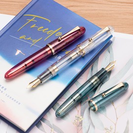 Jinhao 9019 Dadao Series #8 Fountain Pen, Medium Nib, Light Blue Transparent Acrylic Barrel with Gold Clip, Large Writing Pen