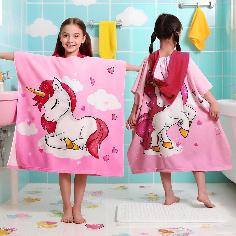 Uryxery Kids Hooded Poncho Towel - Pink Unicorn, 23.6×47.2in (60×120cm)
