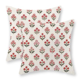 GOLIANDA Red Pink Pillow Covers 18x18 Set of 2 Vintage Boho Sage Green Floral Decorative Pillow Cases Block Print Flower Throw Pillows Linen Outdoor Decor Farmhouse Cushion Cover for Couch Sofa Bed