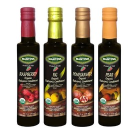 Mantova Organic Flavored Balsamic Vinegar of Modena 4-Variety Pack: Fig Pear Pomegranate & Raspberry; Perfect for Gift Basket Add to Pasta Salad Ice Cream and Cocktails 8.5 oz per bottle Pack of 10