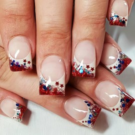 24Pcs Red French Tip Press on Nails Short Square 4th of July Fake Nails with Red Glitter American Flag Star Sequins Design Acrylic Nails Patriotic Glue on Nails Stick on Nails for Women Decoration