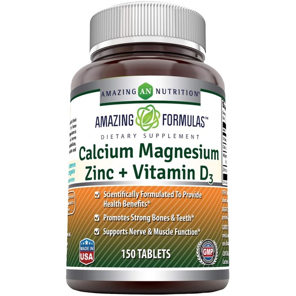 Amazing Formulas Calcium Magnesium Zinc + D3-Tablets (Non-GMO,Gluten Free) (Calcium 1000mg - Magnesium 400mg - Zinc 25mg Plus Vitamin D3 600 IU - Per Serving of 3 Tablets) (150 Count)