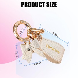 FALVFUN Bling Car Keychain, Bow Leather Rhinestone Vehicle Key Chain, Auto Handbag Key Ring Decoration Pendant, Universal Fit (Gold/White)