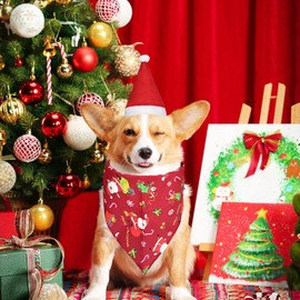 3 Piece Dog Santa Hat with Scarf, Christmas Pet Costume Set, Puppy Triangle Scarf Pet Bow Tie with Bell Dog Socks Cat Socks Set, Suitable for Cats, Dogs and Puppies, Small A