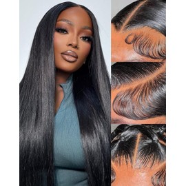 Glueless Synthetic Lace Front Wig,13x6 Lace Wig Pre-Plucked Hailrine with Babyhair, Yaki Straight Natural Black Wigs For Black Women 26 inch Ready to Wear Wigs Beginner Friendly (Natural Black)
