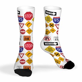 Pehede Mens Socks Traffic Signs Funny Novelty Crazy Crew Socks Stop Route Sign Guidance Warning Detour Speed Limit One Way Socks for Women Gifts Dress Socks