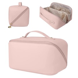 Portable Travel Make Up Bag, PU Leather Makeup Bag, Travel Cosmetic Bag, Makeup Bag, Waterproof Makeup Bag, Portable Cosmetic Bag with Handle and Layering for Women's Cosmetics, pink, Fashion