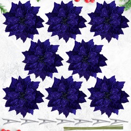 7 Pcs Christmas Poinsettia Decorations Artificial Christmas Flowers with Clips and Stems Blue Flowers for Christmas Tree DIY Wreaths Ornament Xmas Wedding Party, 9.8 Inch