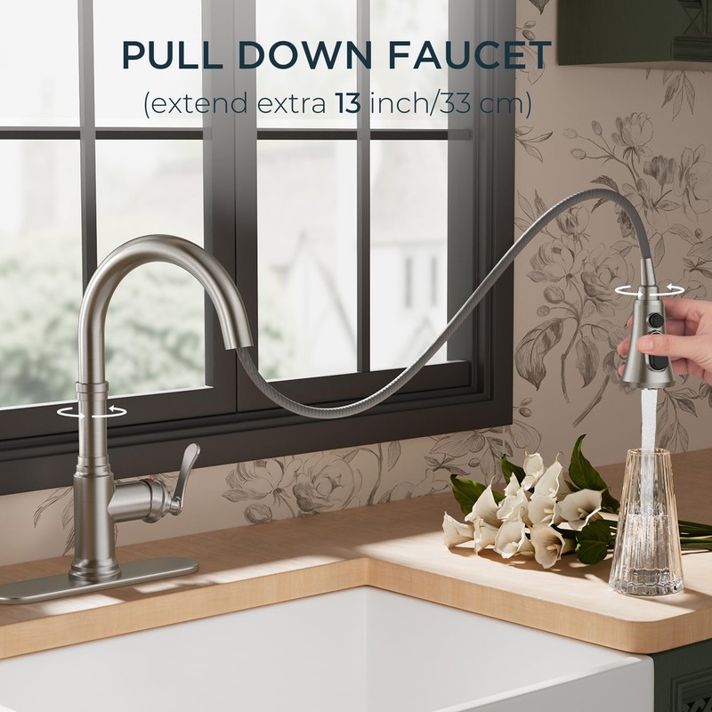 FORIOUS Antique Kitchen Faucets with Pull Down Sprayer Brushed Nickel,