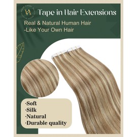 Ugeat Tape in Human Hair Extensions for Short 12 Inch Golden Brown Highlights Bleach Blonde Seamless and Invisible Tape in Hair Extensions Human Hair 20Pcs 30G
