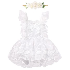 FYMNSI Newborn Baby Girl Lace Romper, Ruffle, Sleeveless Bodysuit, One-Piece Princess Bodysuit with Headband Set, White lace