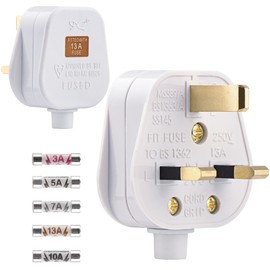 2 Pack 3 Pin Plug UK 13 Amp Plugs Fused Mains Plugs White Plug with 3A 5A 7A 10A 13A Domestic Fuses Kit