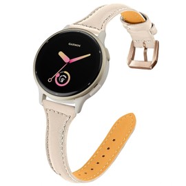 20mm Slim Leather Band Compatible with Garmin Vivoactive 6/Vivoactive 5/3/3 Music, Thin Soft Narrow Replacement for Garmin Venu Sq 2/Venu 2 Plus/Forerunner 165/55/245/645 Music (Beige/Rose Gold)