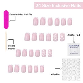 Valentines Press on Nails Medium Square SWEKKE White French Tip Fake Nails False Nails with White Heart Designs Full Cover Glossy Glue on Nails Stick on Nails for Women Girls 24 Pcs