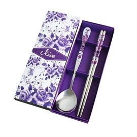 HugeStore Chinese Purple Rose Stainless Steel Chopsticks and Spoon Set