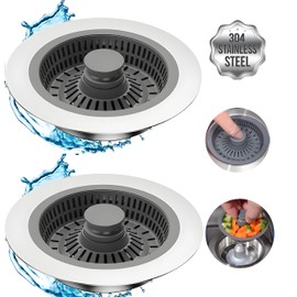 Kitchen Sink Drain Strainer 2 Pack, 3 in 1 Pop-up Stainless Steel Sink Stopper, Large Capacity Anti Clogging Basket Sink Filter with Handle Rod for American Standard 3-1/2 inch Drain Pipes Strainer