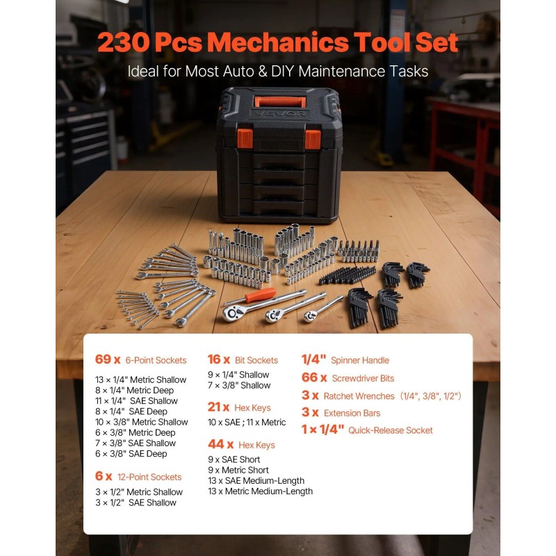 230-Piece Auto Repair Tool Set Mechanics Kit with 1/4\" 3/8\"
