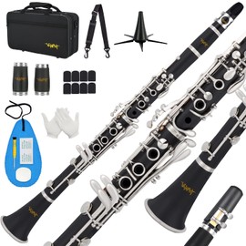 Bb Clarinet For Beginners Students B Flat Clarinet 17 Keys Clarinets with Case Stand Strap 2 Barrels 8 Mouthpiece Cushion White Gloves Cleaning Kit (Black)