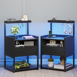 VIAGDO Night Stand Set 2 with Charging Station and LED Lights, Black Night Stand with Drawer, Modern End Side Table with Open Storage Shelves, Bedside Tables for Bedroom, Office