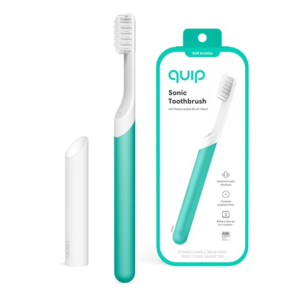 Quip Adult Electric Toothbrush - Sonic Toothbrush with Travel Cover & Mirror Mount, Soft Bristles, Timer, and Plastic Handle - Green