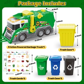 AuroTops Garbage Truck Toys for Kids 3 4 5 6 7 8 Years Old Boys Toy Trucks Set with Sound and Light,Toddlers Birthday Gifts for Boys & Girls Learning Toys,Includes 3 Trash Bins