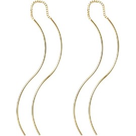 Gold Plated 925 Sterling Silver Post Threader Earrings for Women | Minimalist Gold Chain Earrings Double Piercings | Dangle Twist Wavy Earrings (Golden, One size)