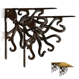 Linton Arts Octopus Cast Iron Shelf Brackets – 7.04"x7.04" Decorative Metal Corner Brackets for Wall Mounted Shelves – Nautical Themed Support with Screws, Set of 2