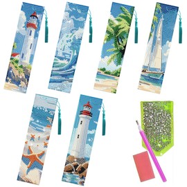 beinkmake 6Pcs Summer Ocean 5D Diamond Art Bookmarks Sea Diamond DIY Painting Bookmarks Lighthouse Sailboat Beach Starfish Rhinestones Beaded Acrylic Tassel Bookmark for Adult Beginner Crafts