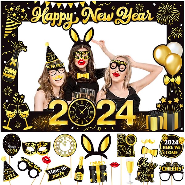 New Years Eve Decoration 2024, Giant Happy New Year Selfie Frame, 18pcs New Year Photo Booth Props, Paper New Year Party Photo Booth Frame, Funny New Year Party Supplies
