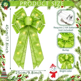 Giegxin 2 Pcs Lighted Lime Green Christmas Bows Outdoor Decoration Wreath Bows 18 x 10 Inch Xmas Burlap LED Lights Winter Door Wall Decor Christmas Tree Topper for Indoor Outside(Shiny Style)