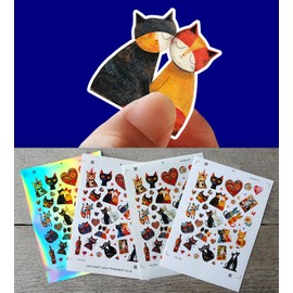 Stickers Pack (Over 150 Stickers) Enchanted Lovely Cats: A Vibrant Collection of Artistic Cat Stickers with a Touch of Love and Whimsy ~ Vinyl Stickers White Hologram Transparent