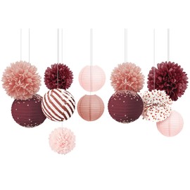 NICROLANDEE Burgundy Party Decorations, Pack of 12 Hanging Paper Lanterns and Silk Pompoms Decoration for Burgundy Stag Parties Birthdays Wedding Anniversary Valentine's Day Decorations