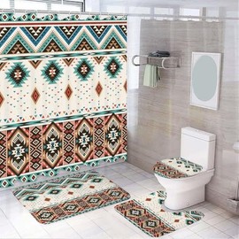 4 Pcs Aztec Shower Curtain Set, Southwestern Native Tribal Navajo Bathroom Rug Sets, Western Boho Vintage Shower Curtain and Non-Slip Rugs Toilet Lid Cover Bath Mat Decor with Hooks
