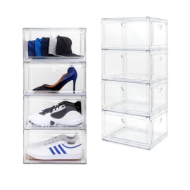 QUALIAZERO Multipurpose XX-Large Shoe Toys Storage Boxes Organizers for Closet, Fit Up to Sz 14, Clear PET Plastic Stackable Sneaker Containers, Entryway, Space Saving Drawer Organize Unit (8 PACK)