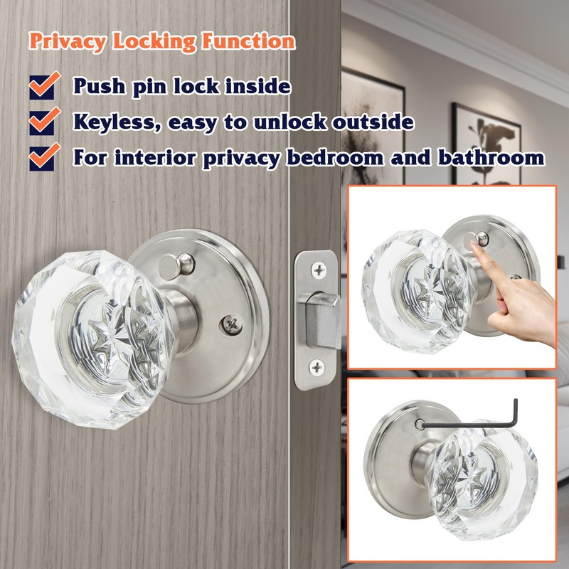 Solidware Glass Crystal Door Knob, Modern Design Door Lockset, Satin
