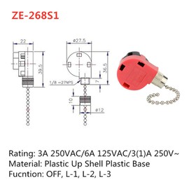 ZE 268S1 Ceiling Fan Switch Zing Ear 268S1 3 Speed 4 Wire Pull Chain Switch For Hunter Ceiling Fan,3 Speed Control Switch Ceiling Fans, Wall Lamps, Cabinet Light, Nickel