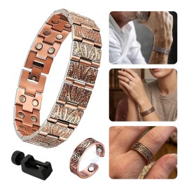 CRYZMITOL 2pz Pulsera Y Anillo Magnéticos De Cobre,aliviar El Dolor Fatiga Terapia De Cobre Puro,Ajustable Pulsera Imanes de Gauss Para Hombre,Regalos para papá,regalos para el Día del Padre