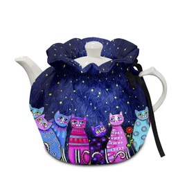 Xoenoiee Cute Cat Starry Night Print Tea Cozy Cotton Tea Cosy for Teapots Keep Warm Teapot Cover Insulated Kettle Cover for Home Kitchen Table Decor