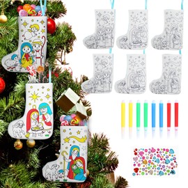 HONMOK Nativity Crafts for Kids, 6 Pack Nativity Scenes Stockings with Colour Pen, Jesus Birth Stockings, Christmas Tree Ornaments, Make Your Own Christian Bible Craft, Xmas Decor for Home Fireplace