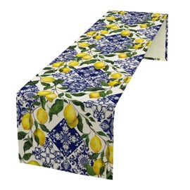 Blue Tile Lemon Table Runner, Summer Fresh Lemon Florals Print Table Runner for Farmhouse Home Dining Kitchen Table Decor Indoors Outdoors Party, 13x108in