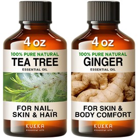 KUKKA essential oils Tea Tree Oil for Skin & Ginger Essential Oil Set - 100% Natural Aromatherapy Grade Essential Oils Set - 2X 4 fl oz - Kukka