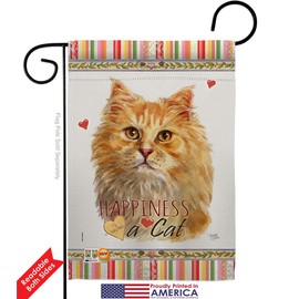 Cat Ginger Long Hair Happiness Garden Flag Set with Stand Animals Kitten Meow Spoiled Paw Fur Pet Nature Farm Animal Creature Small Gift Yard House Banner Double-Sided Made In USA 13 X 18.5