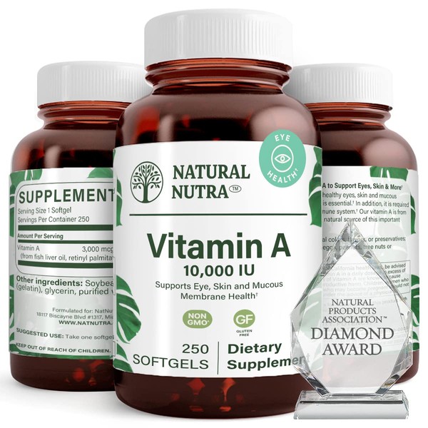 Natural Nutra Vitamin A 10,000 IU, Dietary Supplement from Cod Liver Oil, Extra Strength for Eye, Nails Health with Omega 3, Gluten Free 250 Softgels