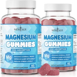 New Age Gomitas de magnesio – Gomitas calmantes antiestrés, suplemento de magnesio para adultos y niños, veganas, sin gelatina, sin gluten, sin OMG, delicioso sabor a frambuesa natural, 120 unidades