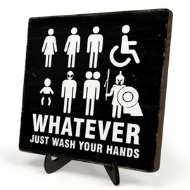 Funny Bathroom Wooden Sign - Whatever Just Wash Your Hands,Vintage Desk Decor 5.9x5.9 Inch Square Wood Plaque,Hilarious Restroom Decor for Home, Office, Bar, or Cafe(Wash your hands)